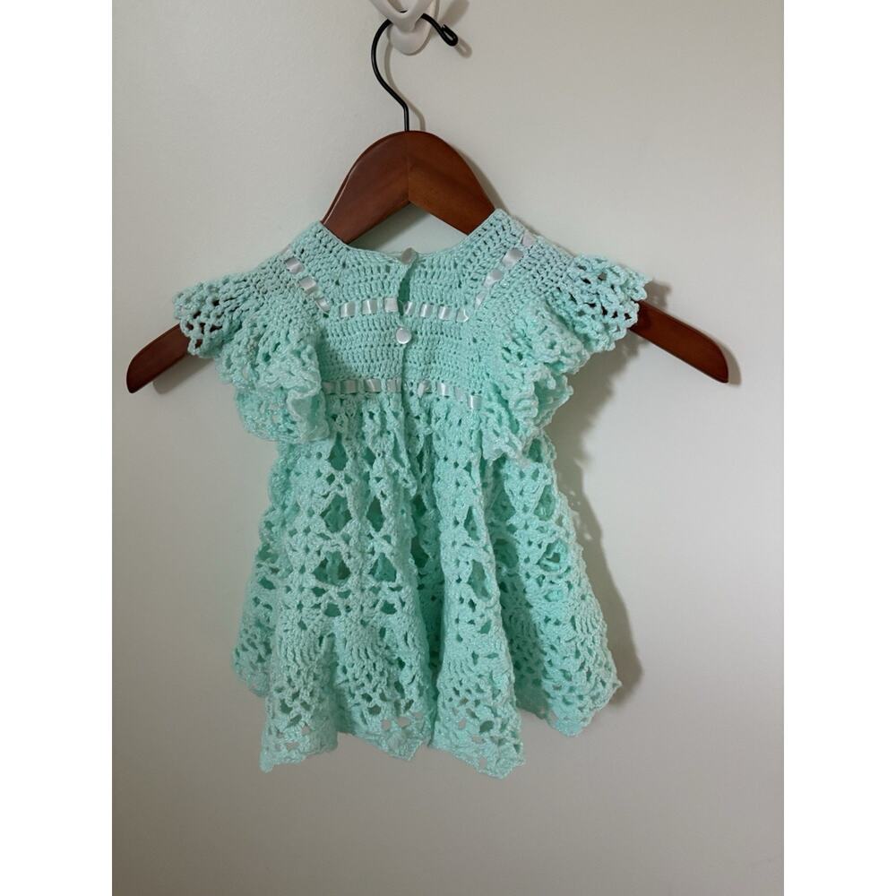 Handmade Light Green Crochet Girls Dress Overlay Size 3-6 Months Ribbon